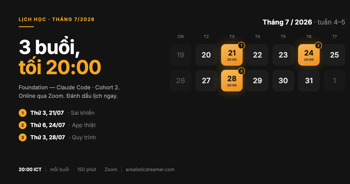 Lịch học Foundation Claude Code Cohort 2: 3 buổi tối 20:00 — Thứ 3 21/07, Thứ 6 24/07, Thứ 3 28/07, qua Zoom