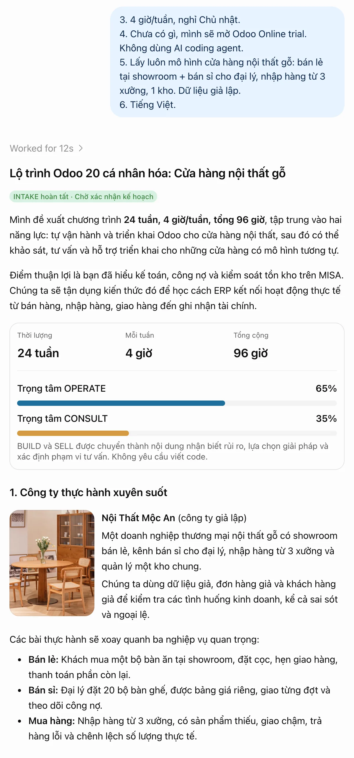 Kế hoạch riêng cho người học giả định: 24 tuần, 96 giờ, tập trung OPERATE và CONSULT với Nội Thất Mộc An.