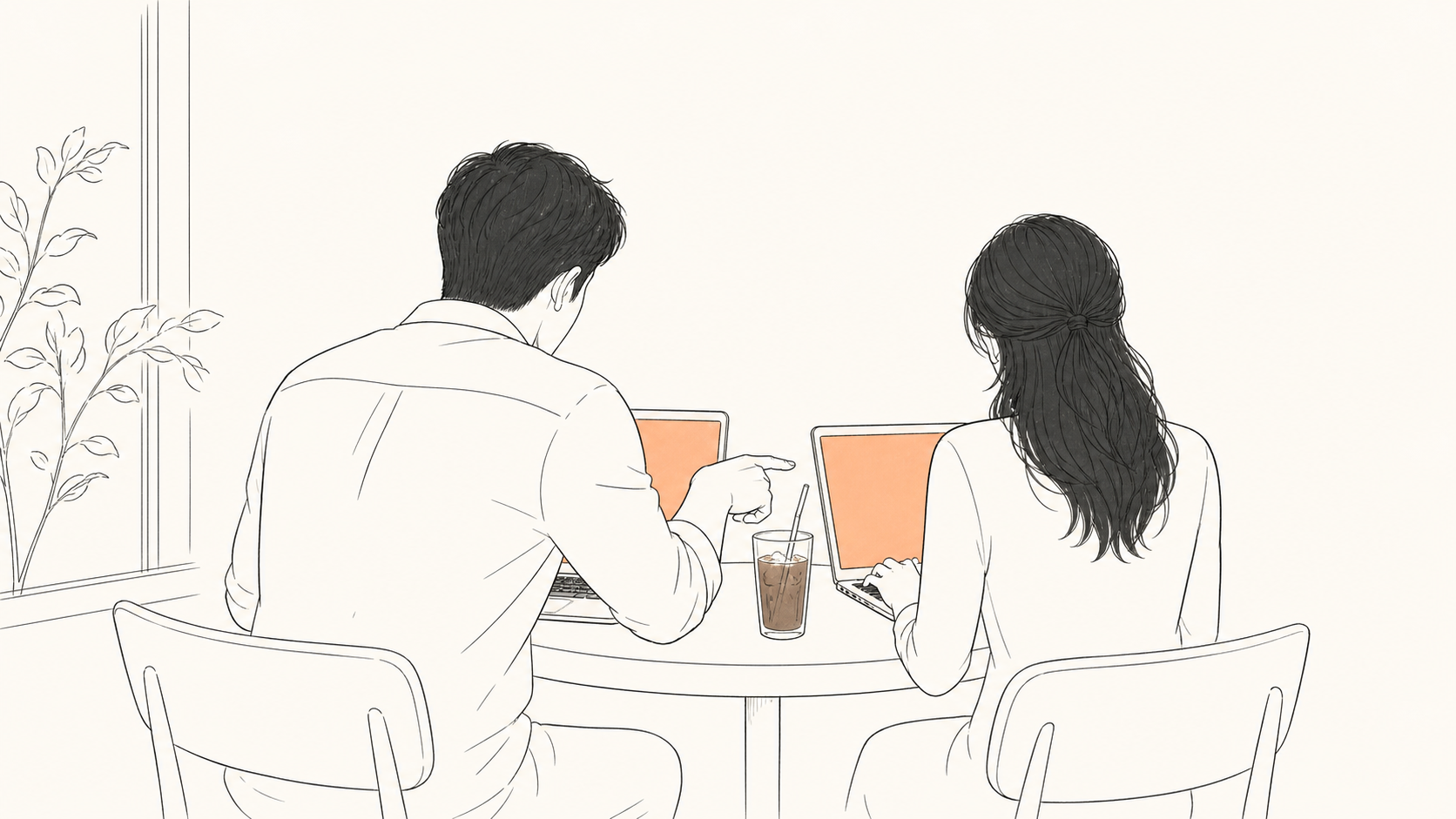 Hai người ngồi cafe sáng đó, một laptop, một ly cafe đá, 30 phút