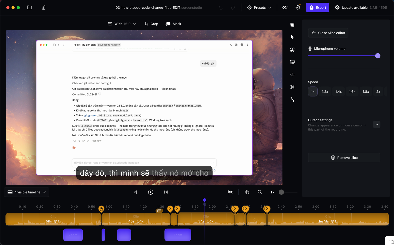 Bản edit: các điểm cắt, đoạn tua nhanh, hai khối zoom bám theo thao tác, và caption chạy dưới khung hình