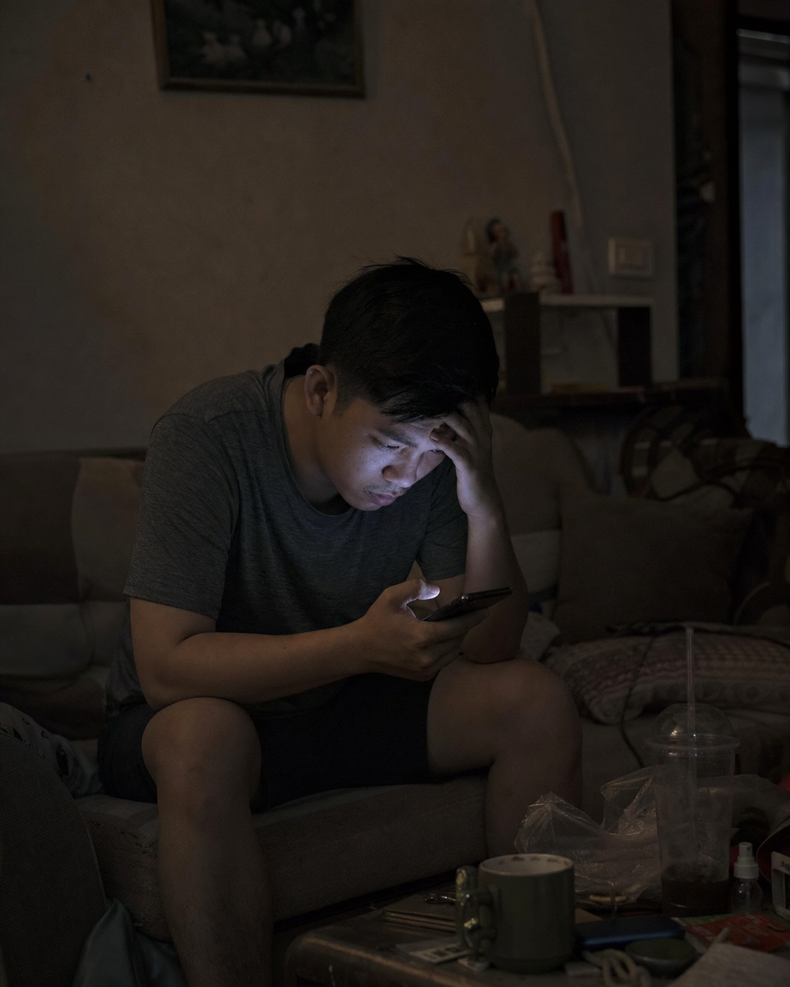 Cảnh thức khuya kiểm tra chuyển khoản trên điện thoại