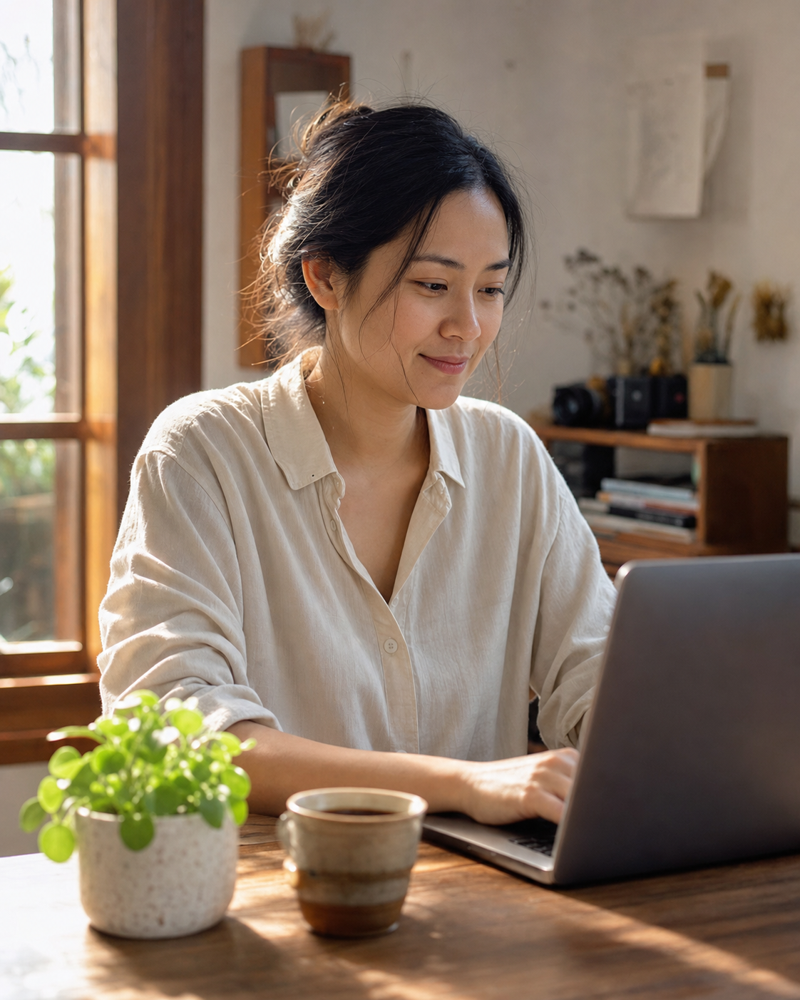 Một người sáng tạo nội dung Việt Nam làm việc thảnh thơi bên laptop
